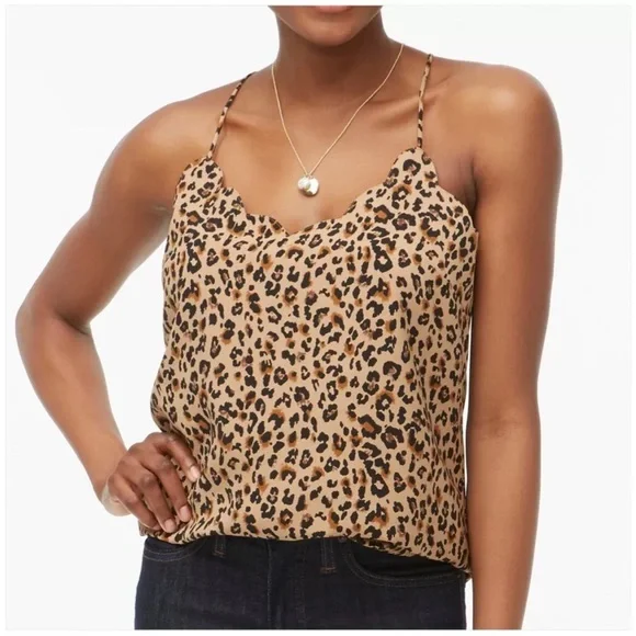 J. Crew Factory Black and Tan Animal Print Scalloped V-neck Cami Top Size 10 - Picture 1 of 7